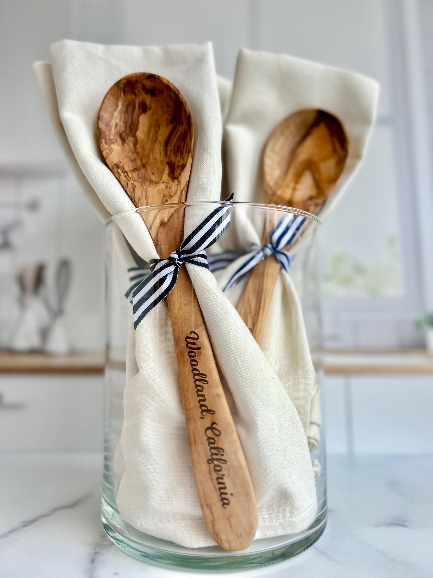The Lillie Pad - Custom City Name Olive Wood Serving Spoon & Towel Gift Set