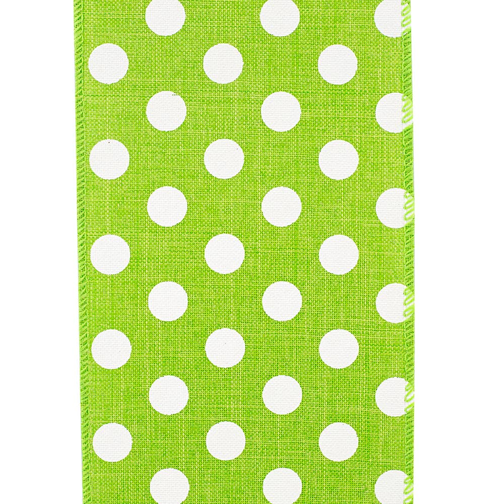 RELIANT RIBBON - White Jumbo Dots Linen Wired Edge, Lime, 4 In, 10 Yards