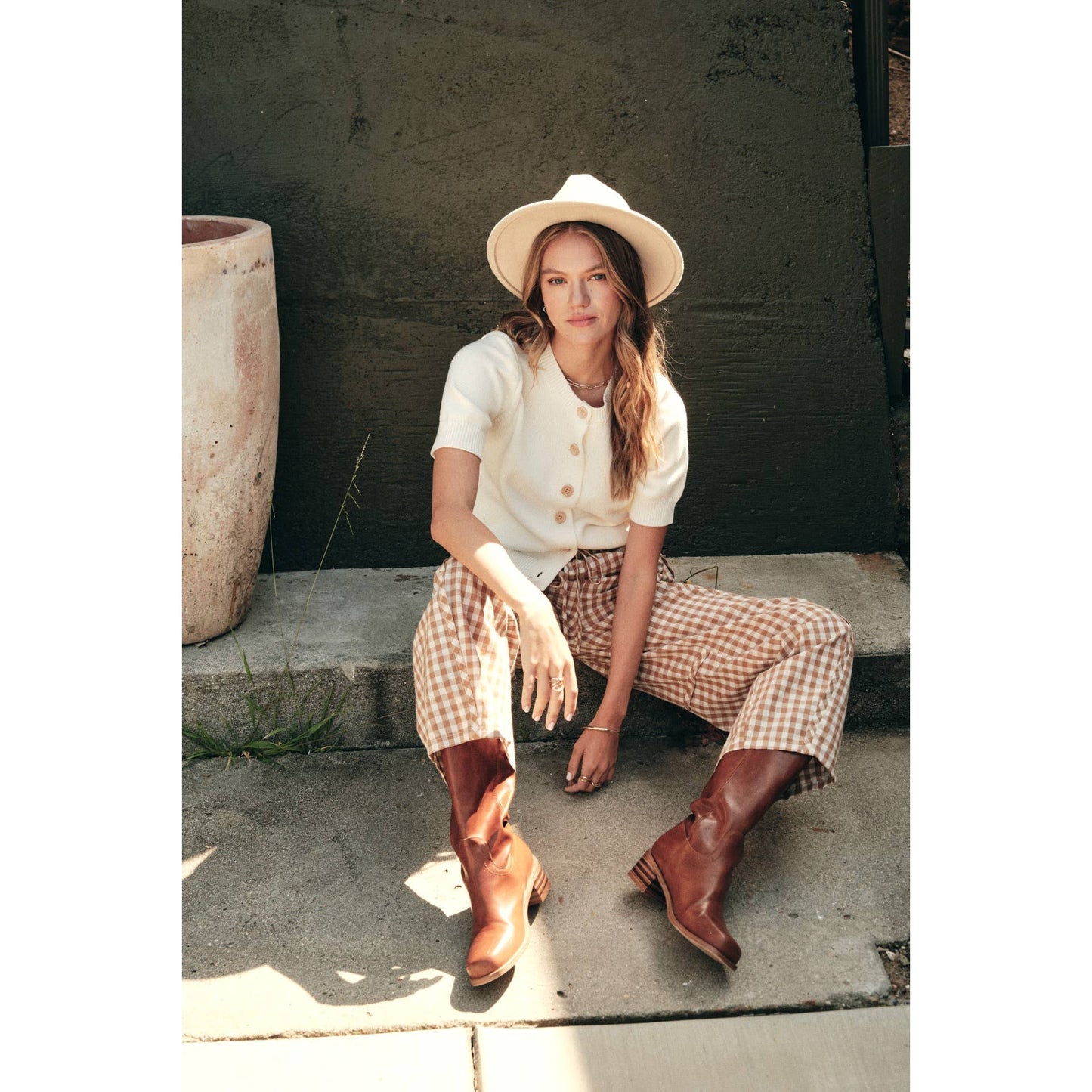 in february - EASY DAY RELAXED GINGHAM COTTON BARREL LEG PANTS