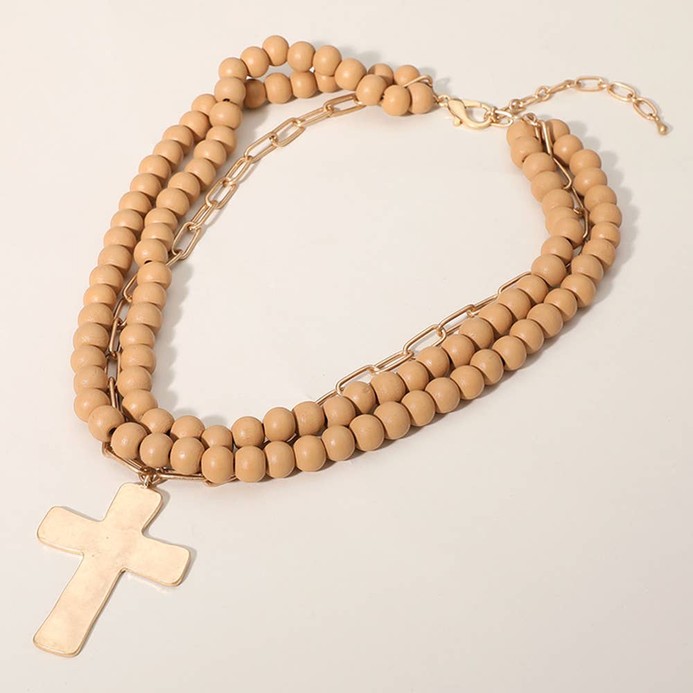 Sensibling Corp. - Hammered Metal Cross Pendant Wood Chain Layered Necklace