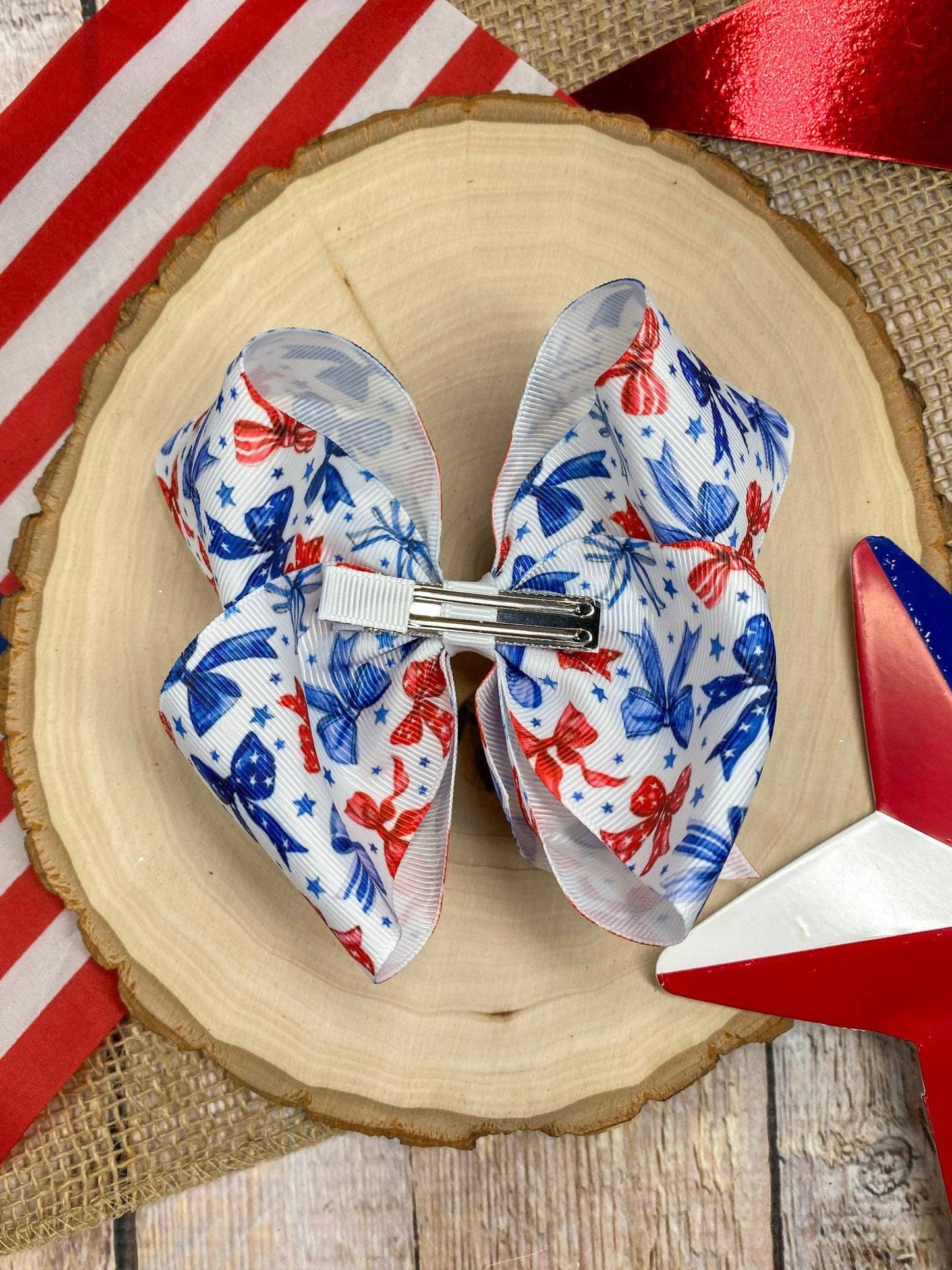 The Hair Bow Company - Red White & Blue Bow Print Classic Hair Bow | Clip or Headband
