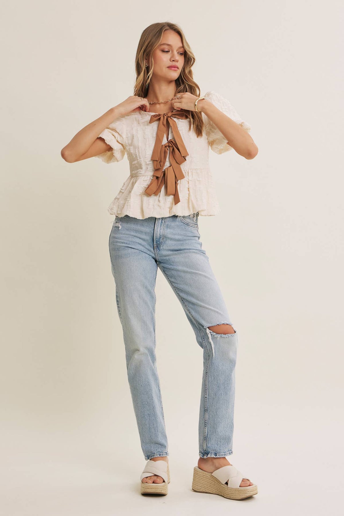 in february - BESTSELLER ROMANTIC TEXTURED CONTRAST BOW PEPLUM BLOUSE