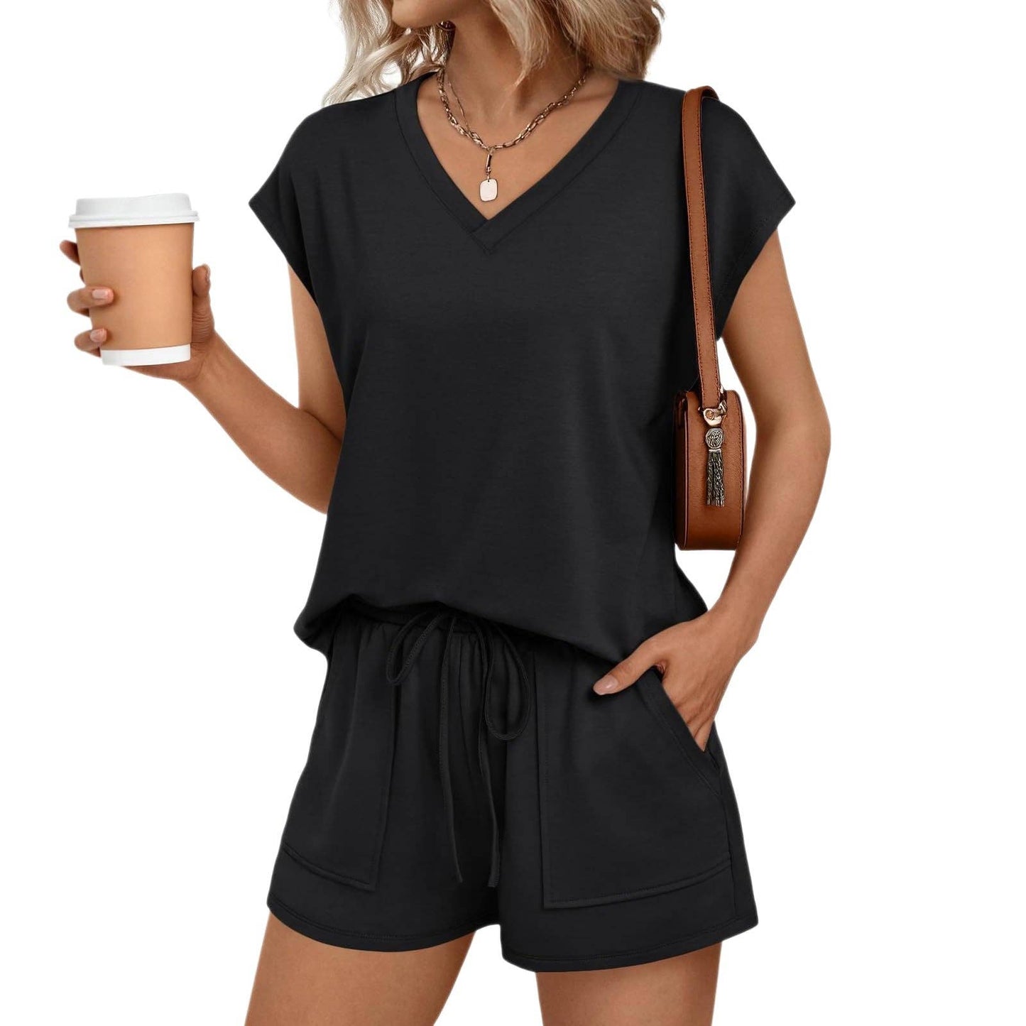 Lovesoft - Women’s V Neck Short Sleeve Top and Drawstring Shorts Set Casual Summer Lounge Outfit