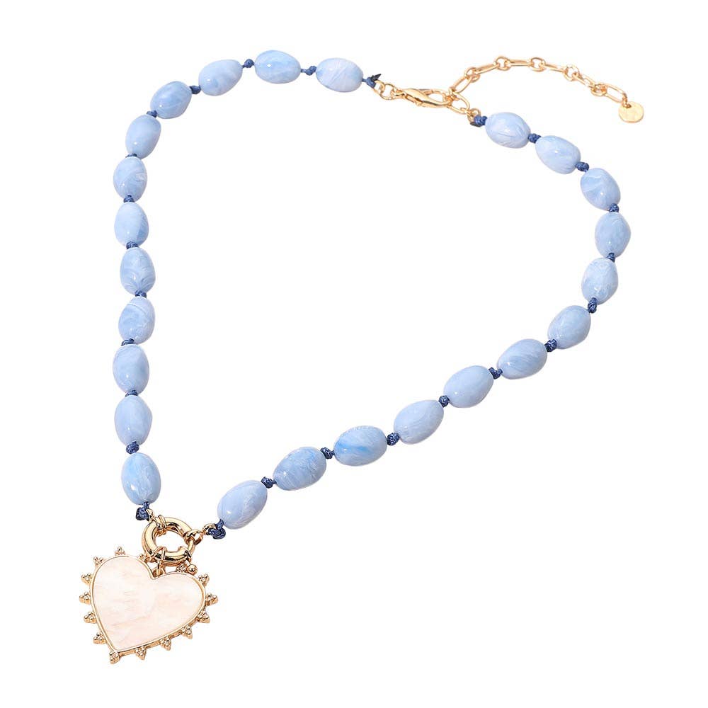 Sensibling Corp. - Mother of Pearl Heart Pendant Marbled Resin Oval Beaded Necklace