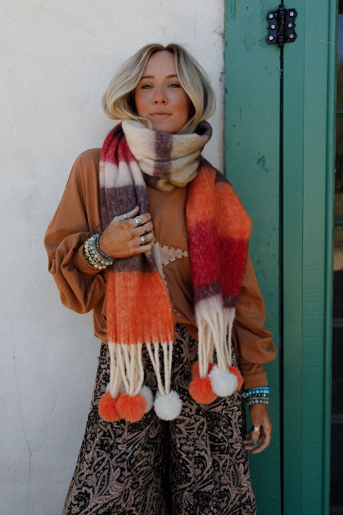 Three Bird Nest - Chill Stripe Pom Scarf - Orange
