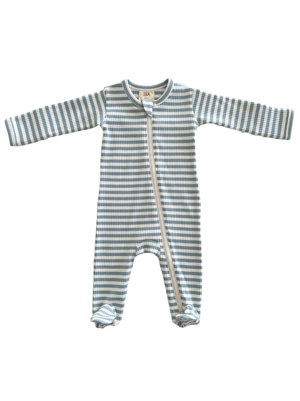 SIIX Collection - Dusty Blue Stripe / Organic Ribbed Zip Footie (Baby - Kids)