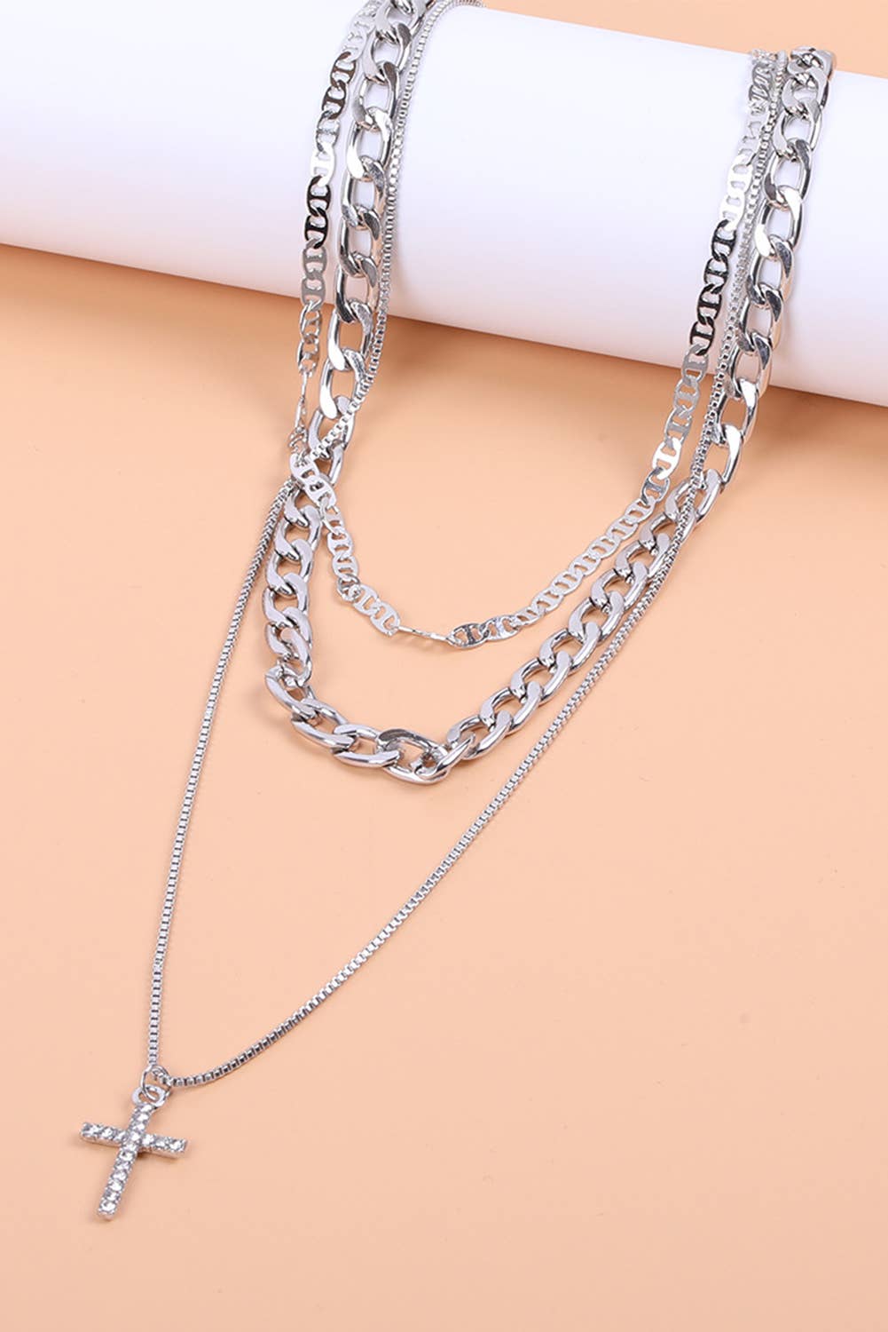 1 the Woman - Plated Cross Pendant Multi Layer Stacked Chains Necklace
