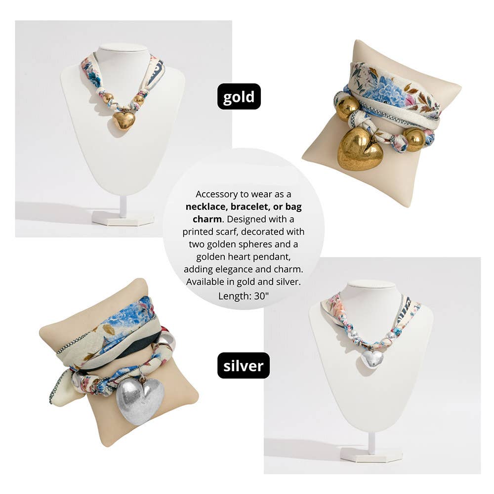 Sensibling Corp. - Gold Dipped Puffy Heart Charm Fabric Scarf Necklace / Adjustable Bracelet / Bag Charm