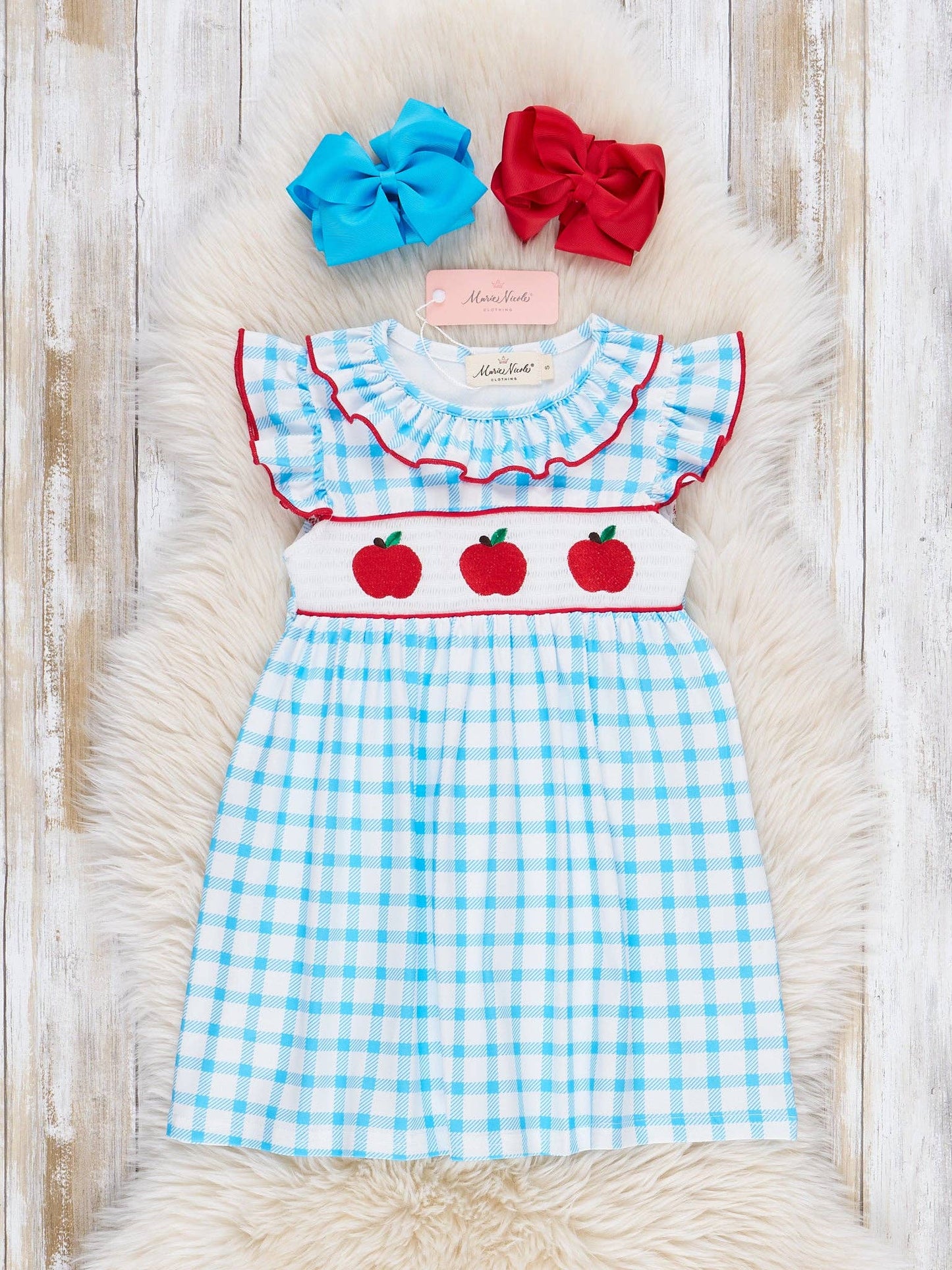 Marie Nicole Clothing - Blue Plaid Smocked Apple Ruffle Dress