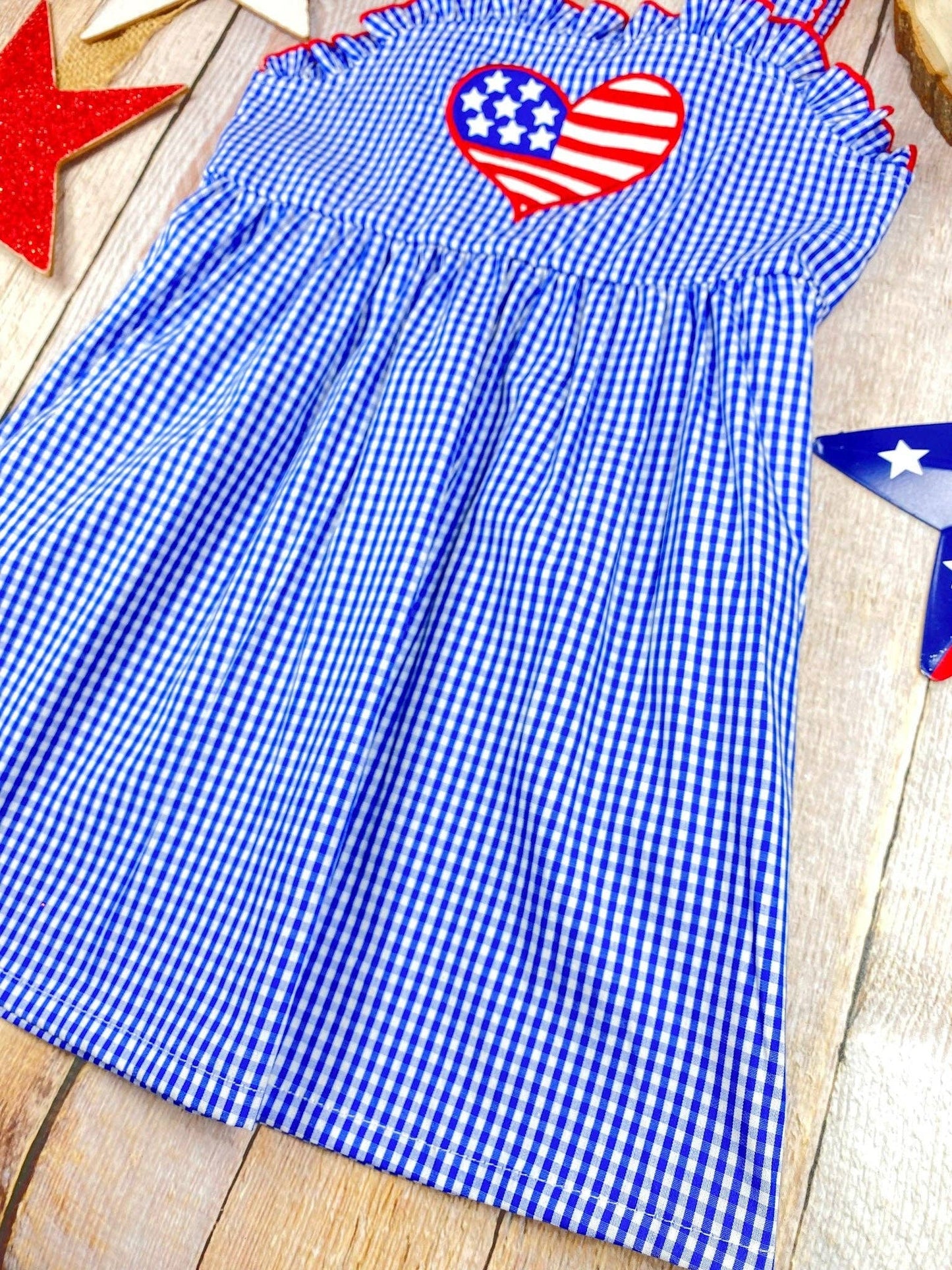 The Hair Bow Company - Blue Gingham American Heart Twirl Dress | Girls Patriotic Summer Dress
