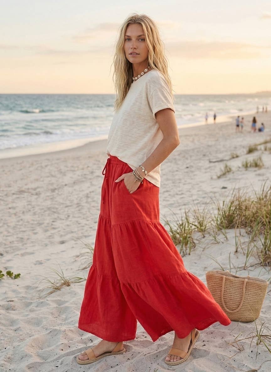 Sewn and Seen - Linen Blend Tiered Wide Leg Palazzo Pants