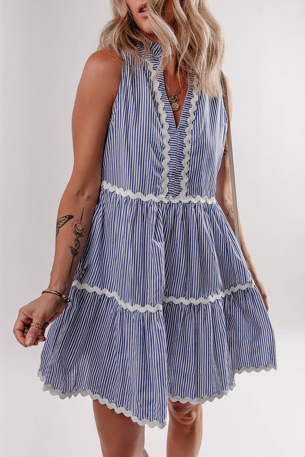 Aapparella - Striped Print Ric-rac Trim Sleeveless Mini Dress | S-XL