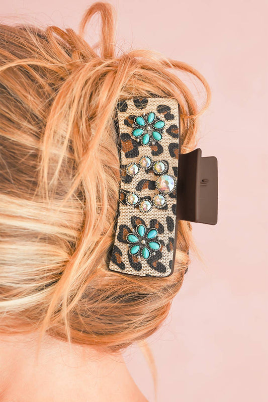 Aapparella - Western Leopard Print Gem Turquoise Detail Hair Clip