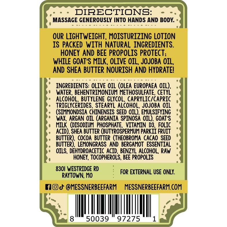Messner Bee Farm - Lemongrass Bergamot - Milk and Honey Lotion - 2oz. Travel