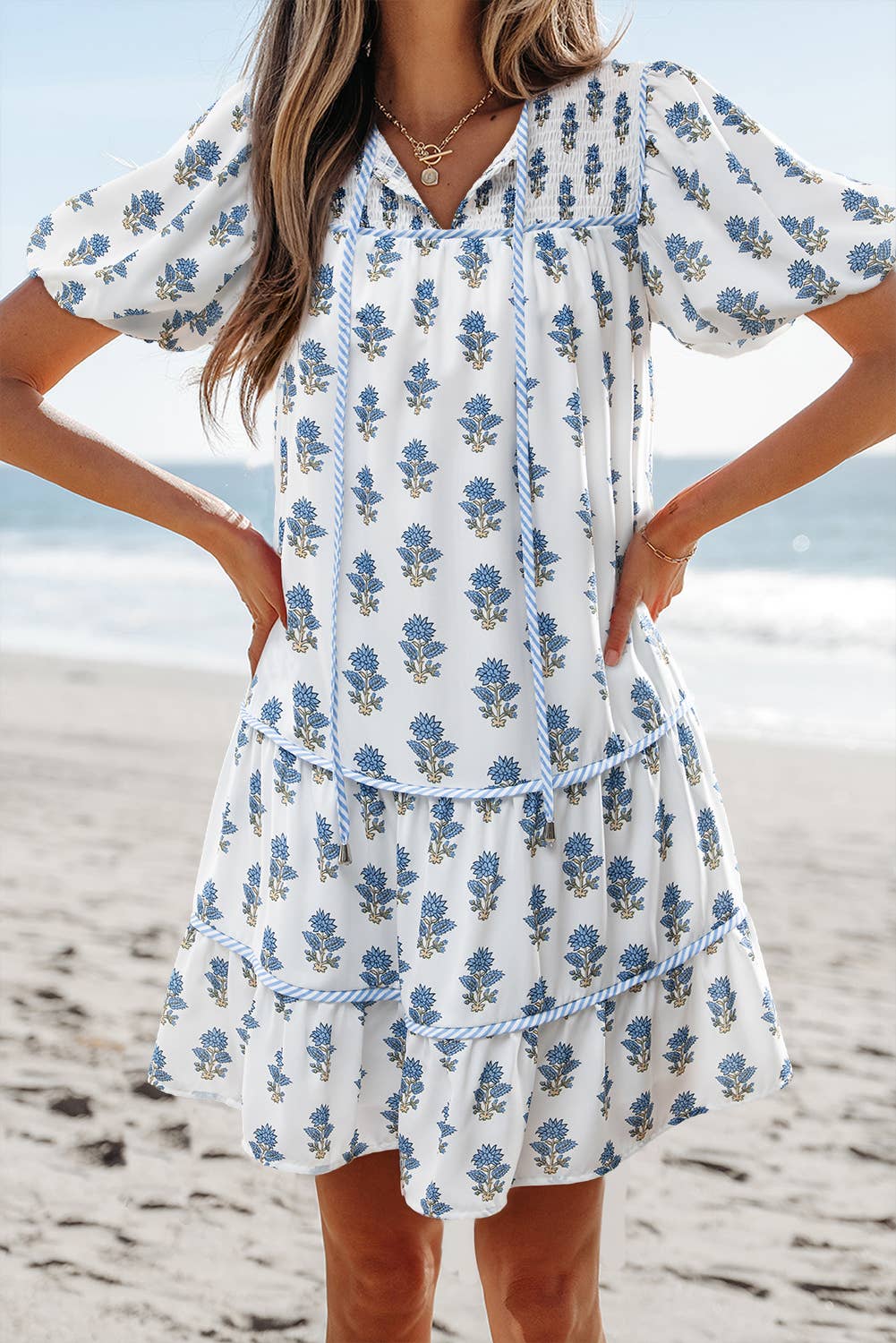 Aapparella - Floral Puff Sleeve Tied Neck Pocketed Mini Dress | S-XL