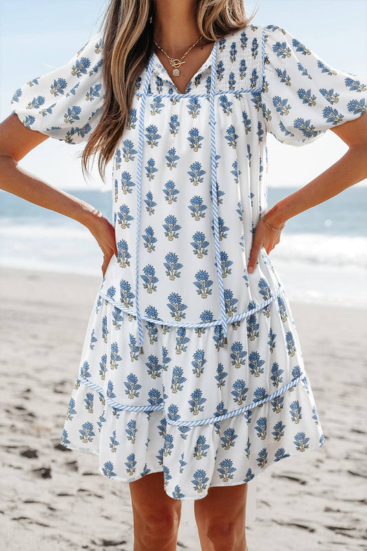 Aapparella - Floral Puff Sleeve Tied Neck Pocketed Mini Dress | S-XL