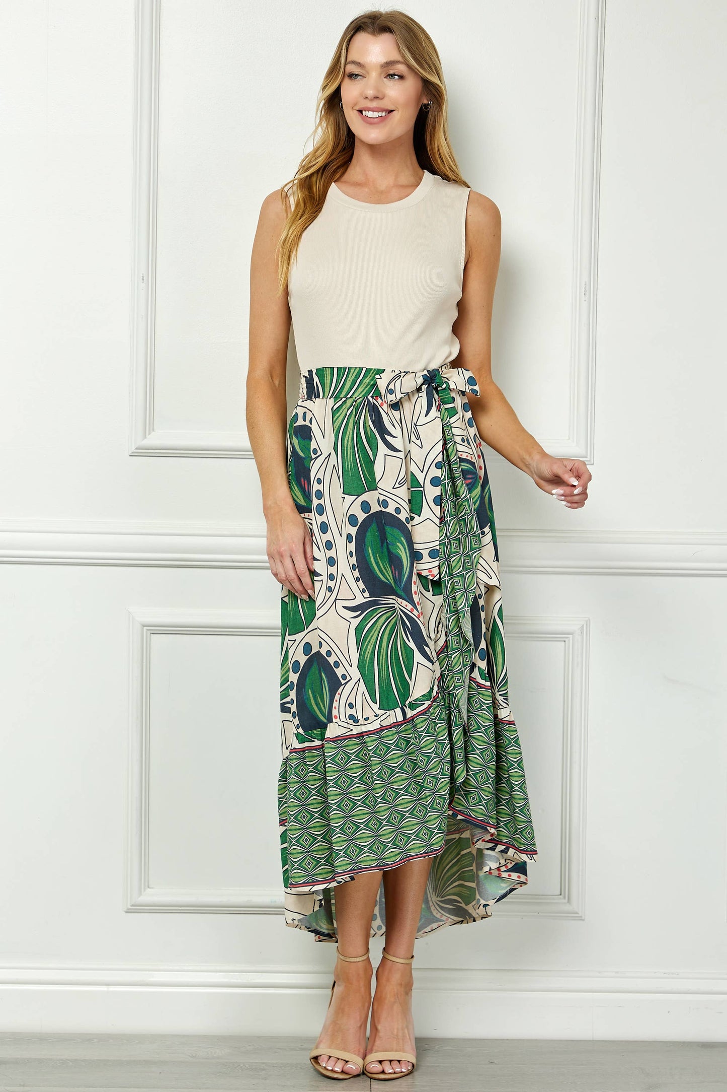 Winslow Collection - TROPIC TALES BELTED FAUX WRAP PRINTED DRESS WITH RUFFLE HEM