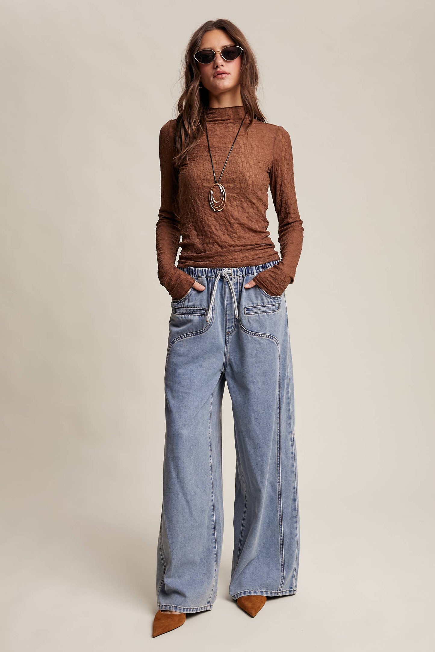 Listicle - Wide Leg Denim Drawstring Pants