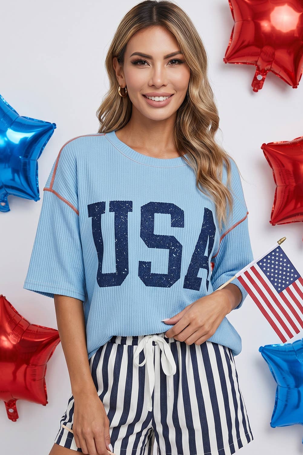 Little Daisy Closet - LDC 4th of July USA Graphic Half Sleeve Ribbed Top | S-4X