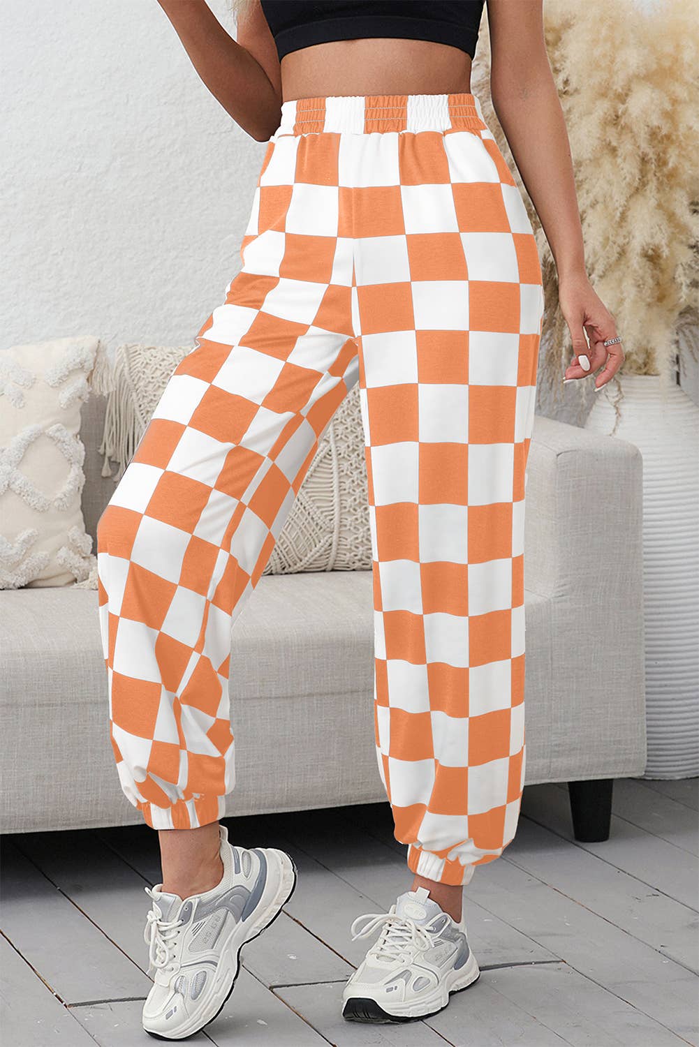 1 the Woman - Checkerboard Elastic Waist Pocketed Joggers