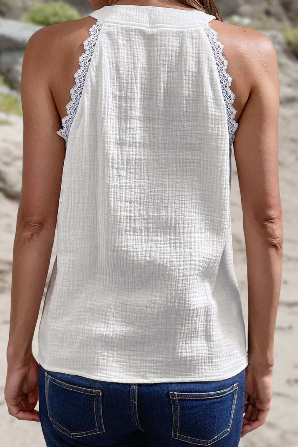 Aapparella - Cotton Textured Lace Trim Sleeveless Top | S-XL