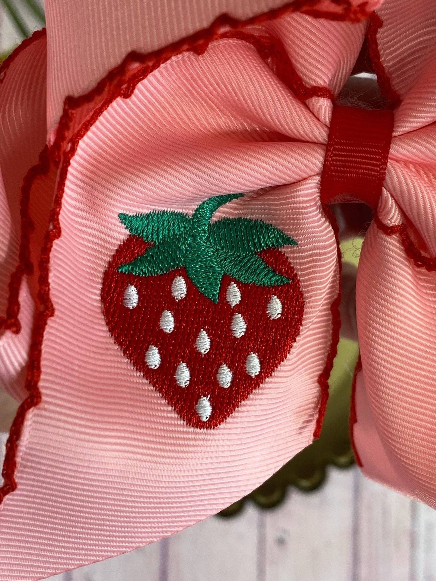 The Hair Bow Company - Strawberry Embroidered Moonstitch Hair Bow | Clip or Headband