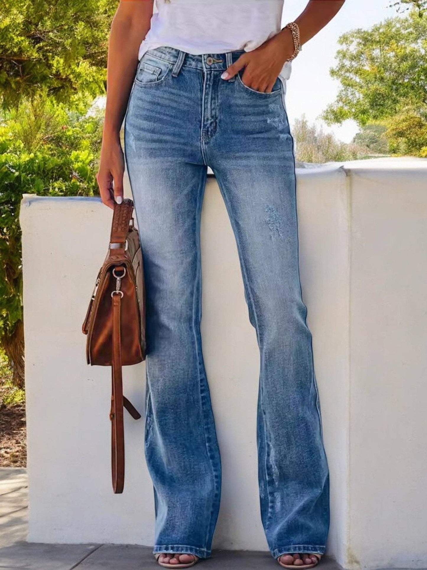 Anna Kaci Wholesale - High Waist Flare Jeans with Light Distressing