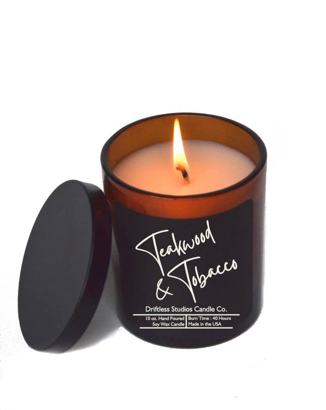 Driftless Studios - Teakwood & Tobacco Soy Candles-10oz Jar With Lid Black Label