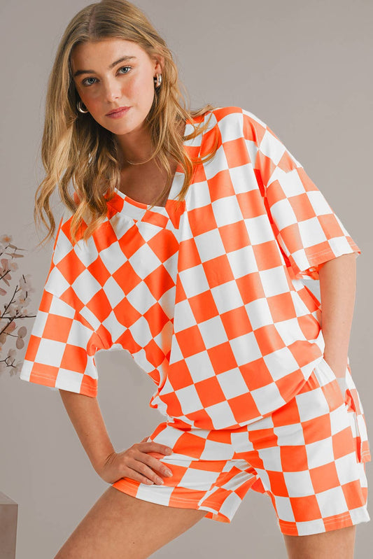 Aapparella - Checkered Print V Neck Top & Shorts Lounge Set | S-XL