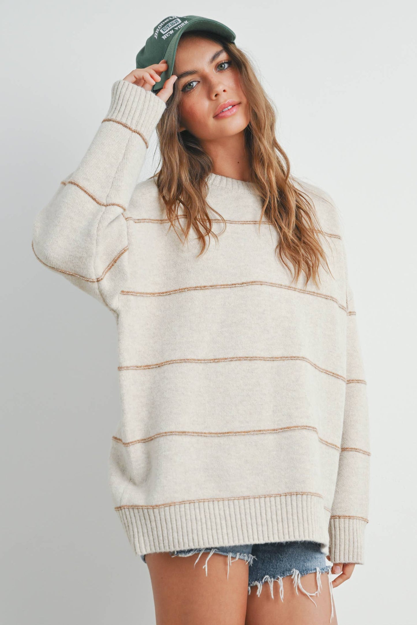 BUTTERMELON - Striped Pattern Drop Shoulder Sweater - BMW7421