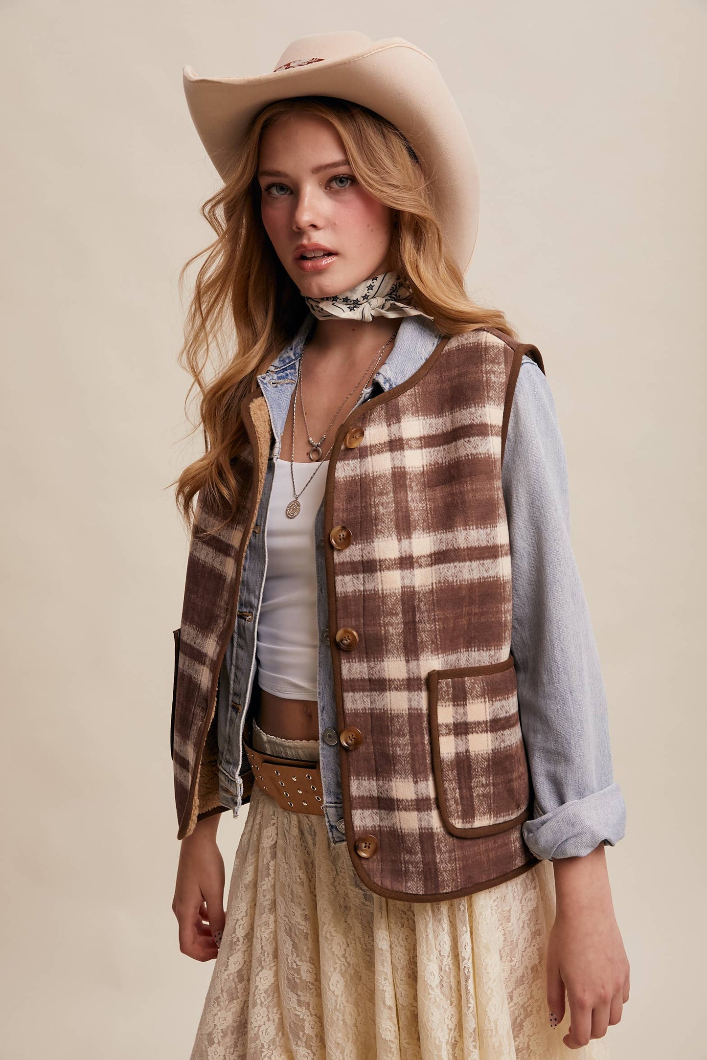 Listicle - Reversible Plaid Sherpa Vest LVT016