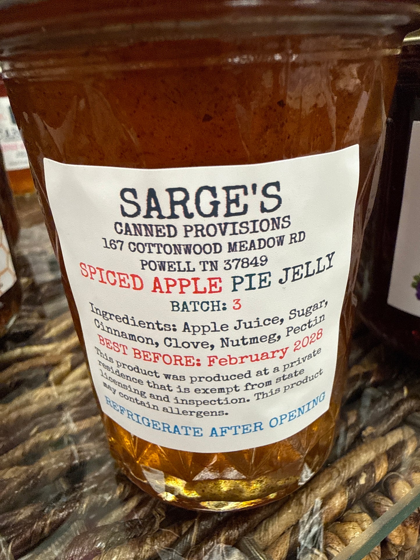 Sarge’s jelly, jam, hot honey and apple butter