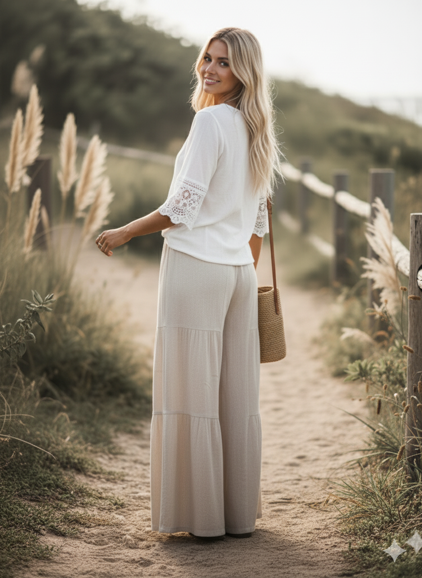 Sewn and Seen - Linen Blend Tiered Wide Leg Palazzo Pants