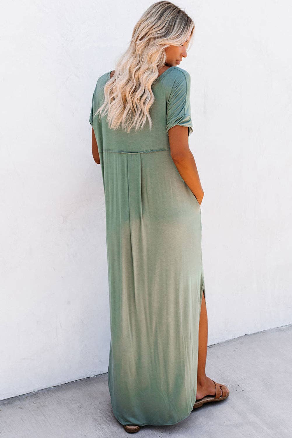 Lovesoft - V Neck Hidden Pocket Splits Maxi T-shirt Dress