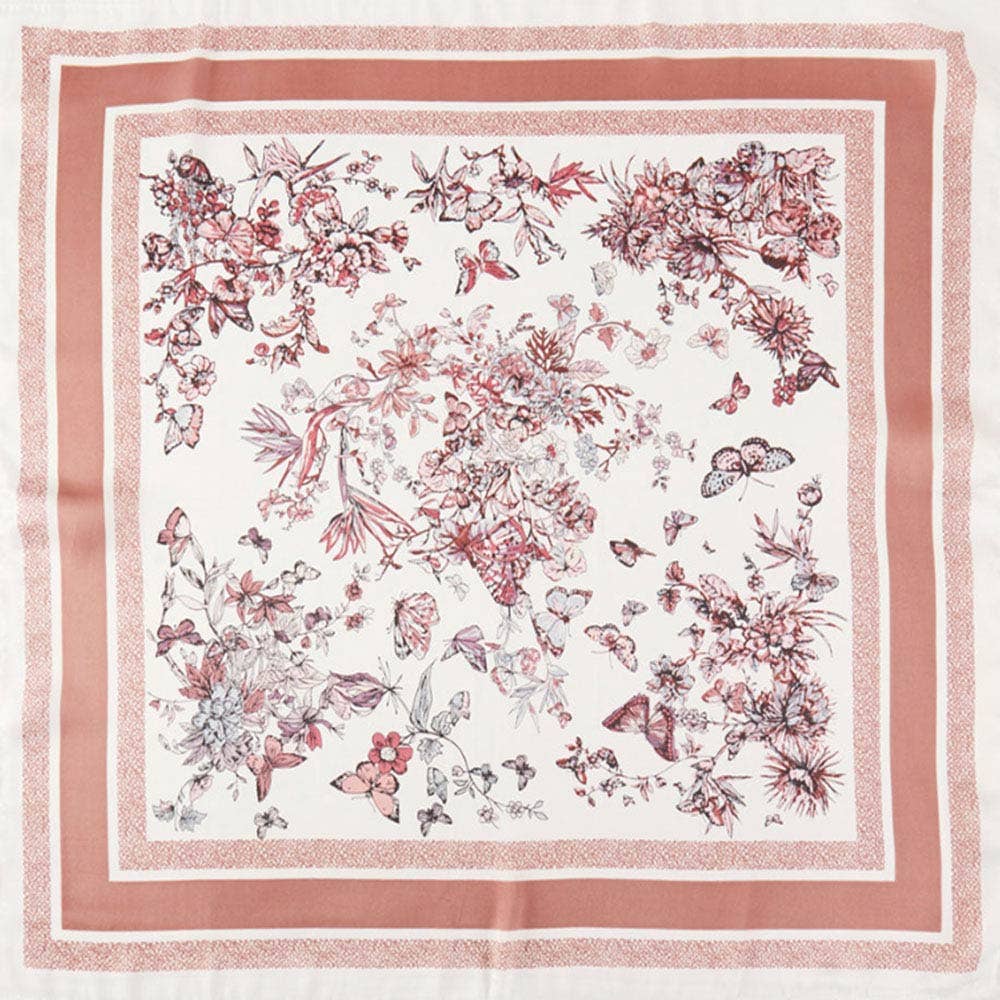 Sensibling Corp. - Chinoiserie Butterfly Floral Pattern Printed Square Silky Satin Bandana Scarf