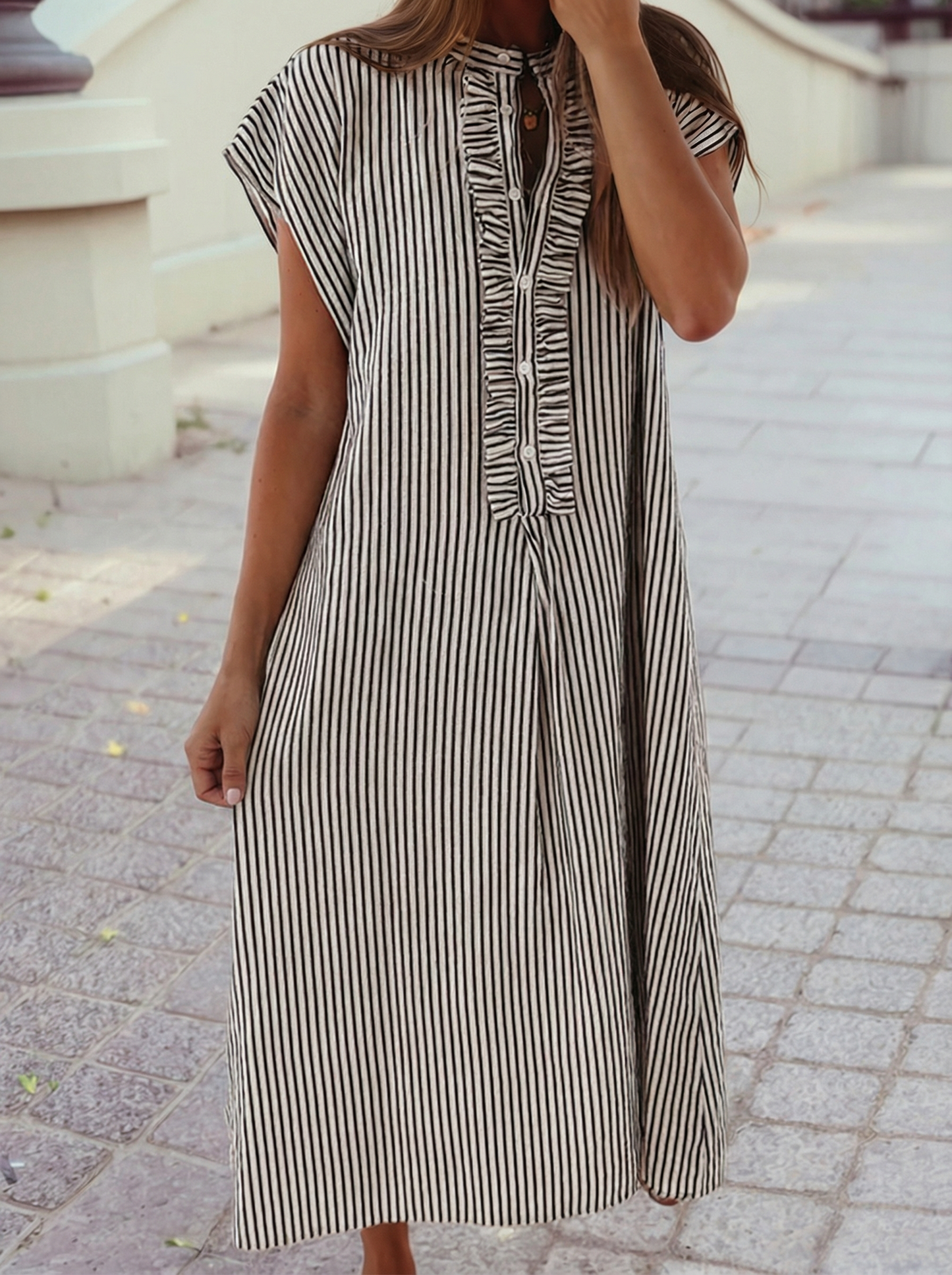 1 the Woman - Stripe Pattern Ruffled Neck Short-Sleeve Maxi Dress