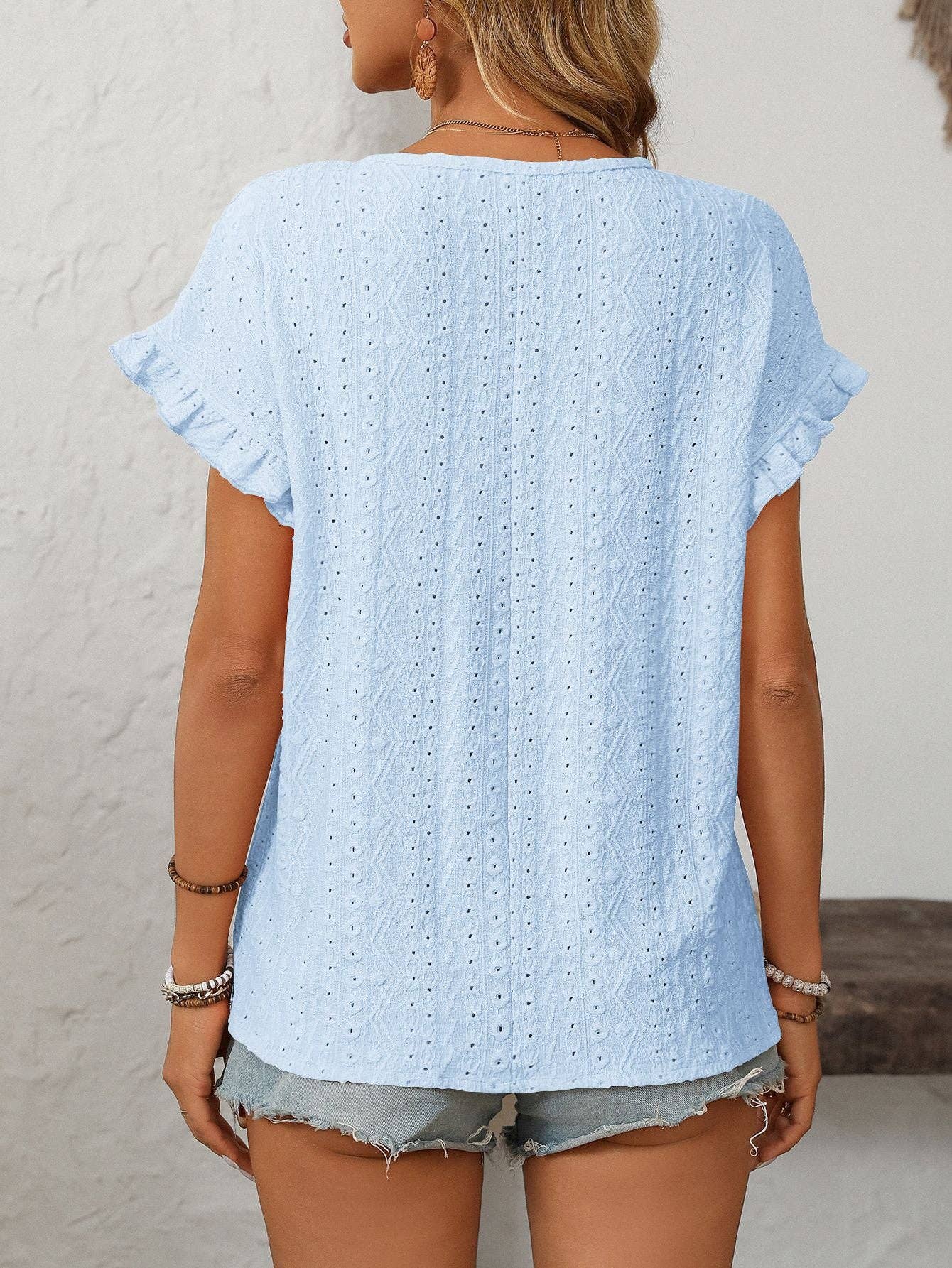 Lovesoft - Solid Color Crewneck Sweet Short-Sleeve Hollow-Out Top