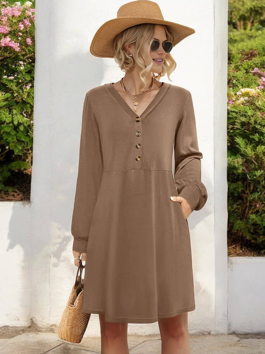 Anna Kaci Wholesale - V-Neck Long Sleeve Button Front Dress with Pockets
