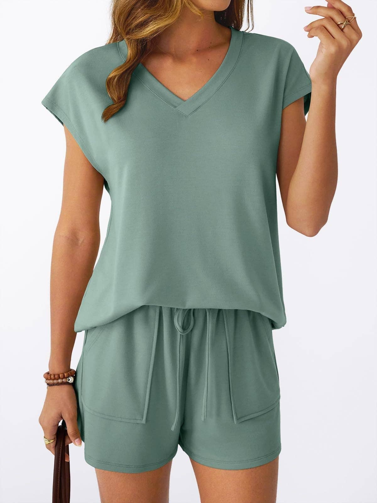 Lovesoft - Women’s V Neck Short Sleeve Top and Drawstring Shorts Set Casual Summer Lounge Outfit
