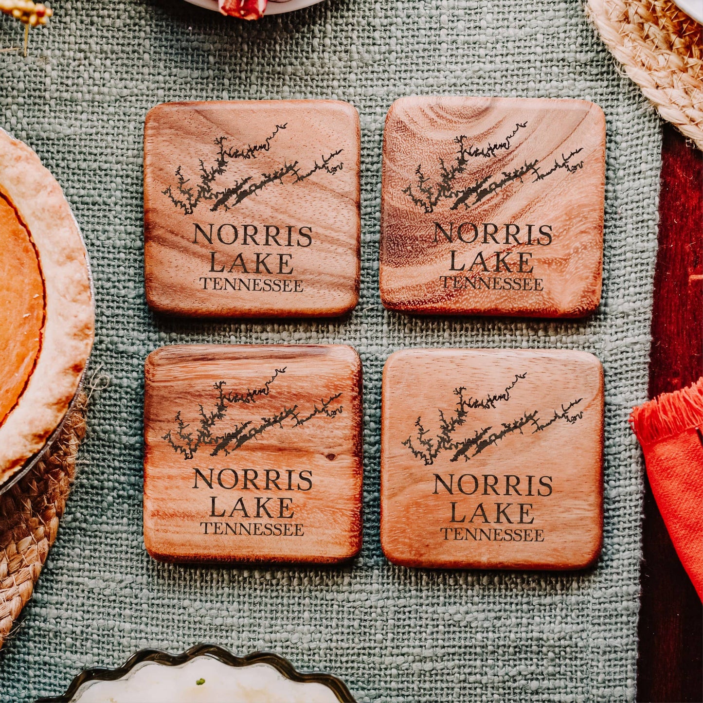 The Lillie Pad - Custom Lake Map Coasters  - Wood Walnut Coasters Set of 4