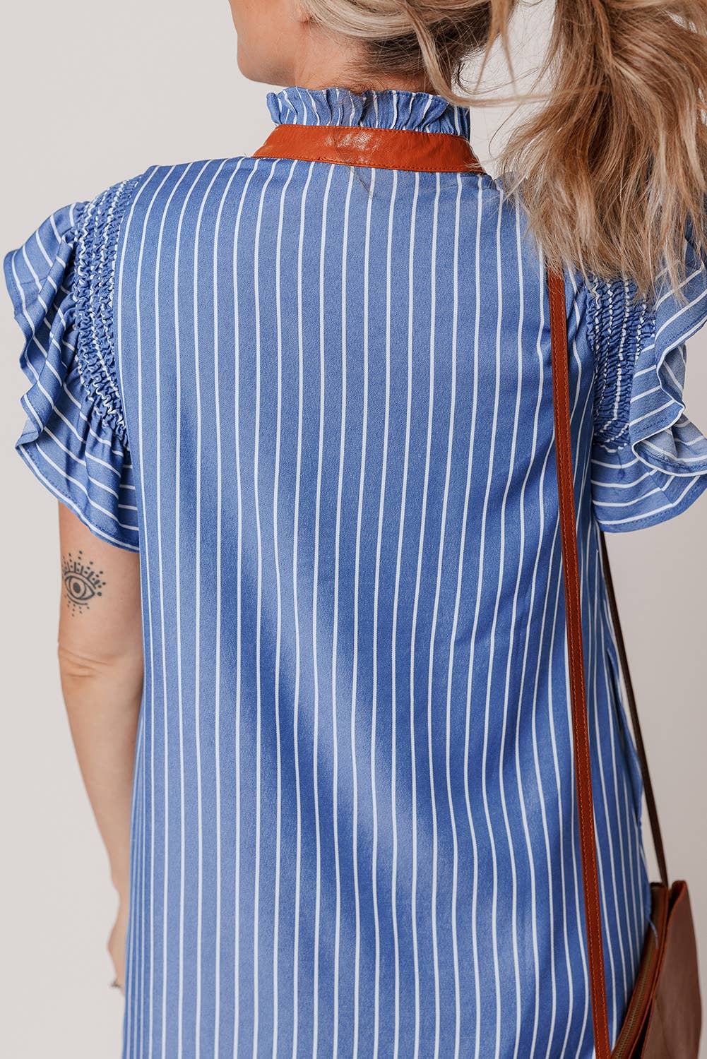 Aapparella - Striped V Neck Shirred Ruffle Sleeve Mini Dress | S-XL