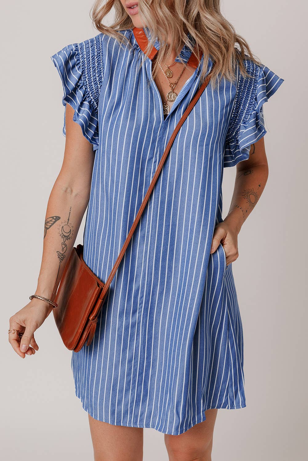 Aapparella - Striped V Neck Shirred Ruffle Sleeve Mini Dress | S-XL