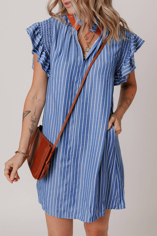 Aapparella - Striped V Neck Shirred Ruffle Sleeve Mini Dress | S-XL
