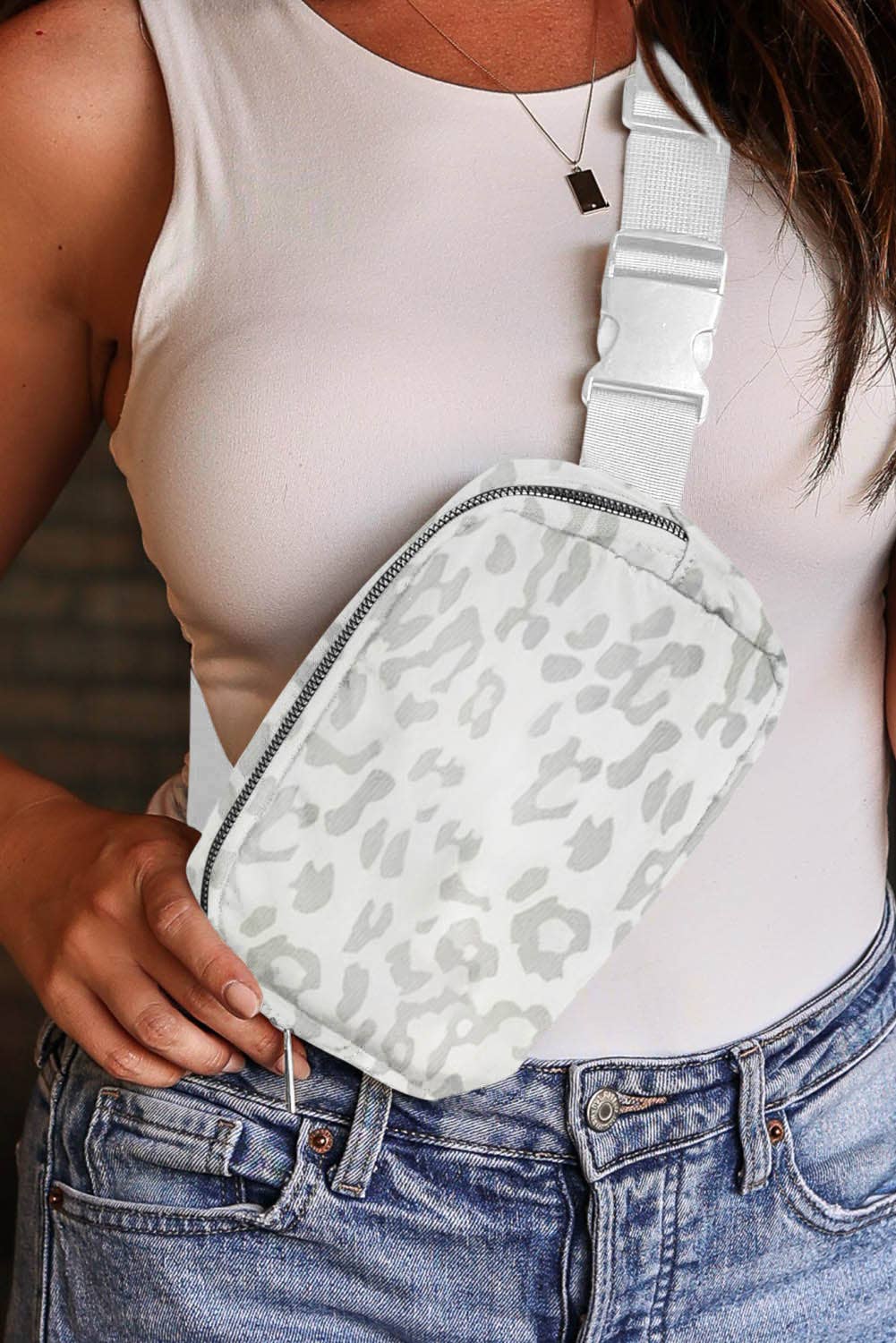Lovesoft - White Leopard Print Buckle Canvas Chest Bag 20*5*14cm