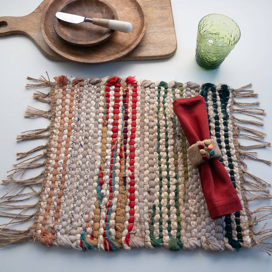 India Handicrafts Inc - Woven Natural & Multi-Colored Jute Square Placemat w/ Fringe
