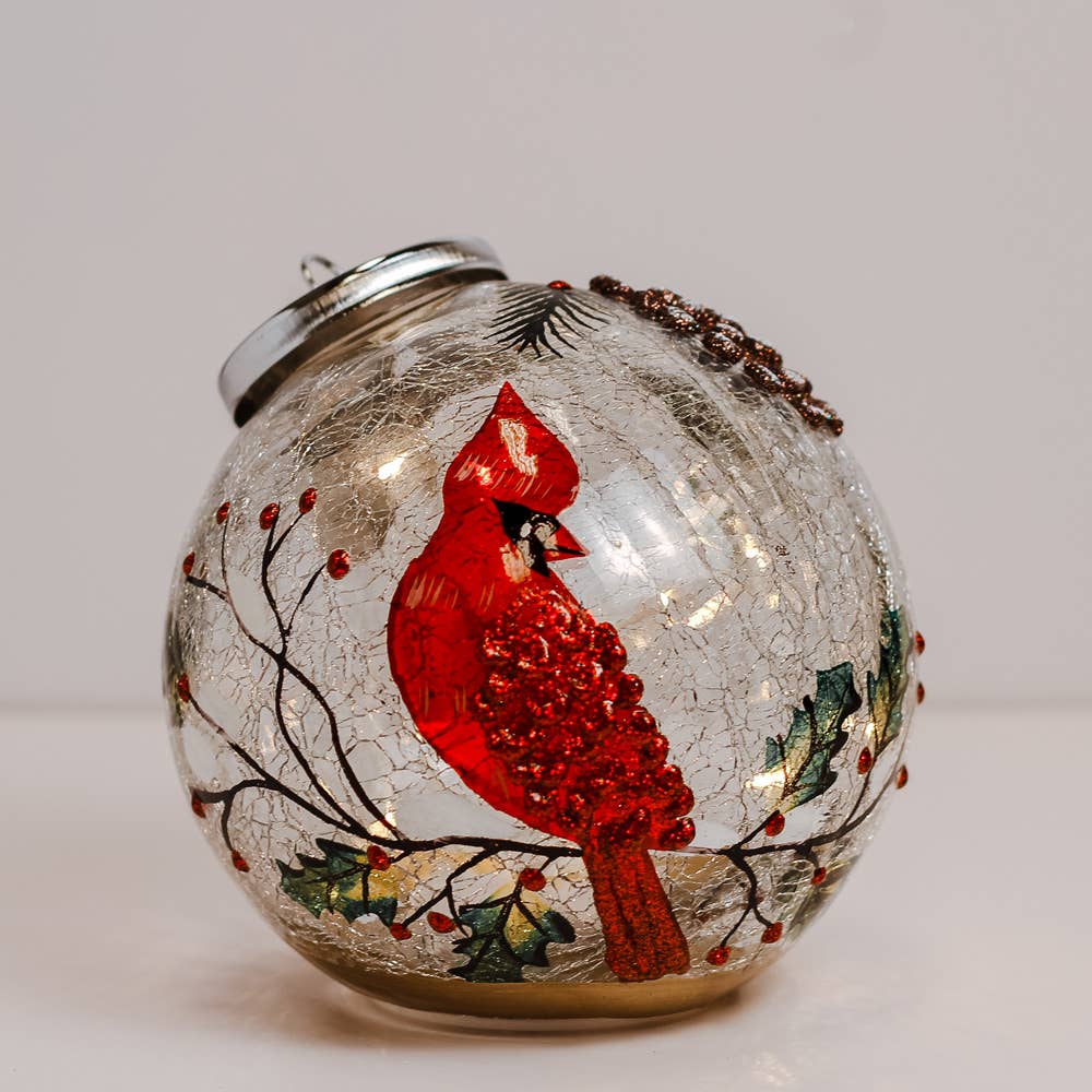 A Cheerful Giver - Winter Cardinal Ornament Crackle Glass LED Holiday Lights