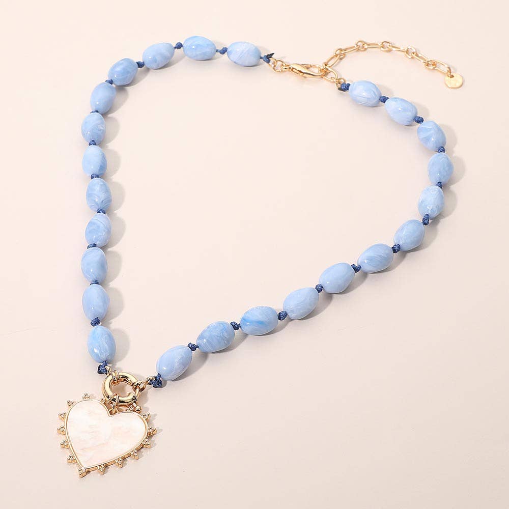 Sensibling Corp. - Mother of Pearl Heart Pendant Marbled Resin Oval Beaded Necklace
