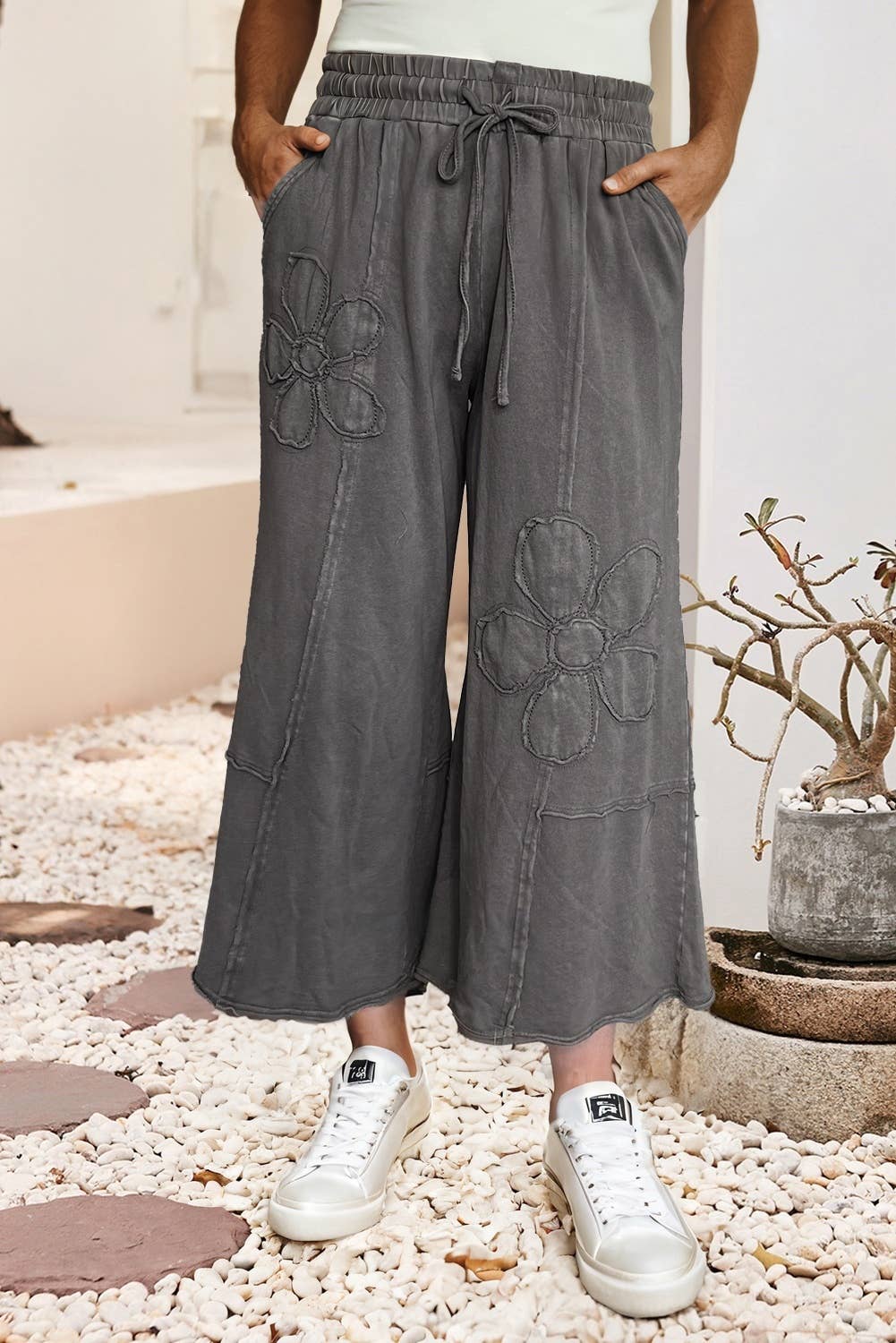 Little Daisy Closet -  LDC Floral Patch Mineral Washed Terry Knit Cropped Pants