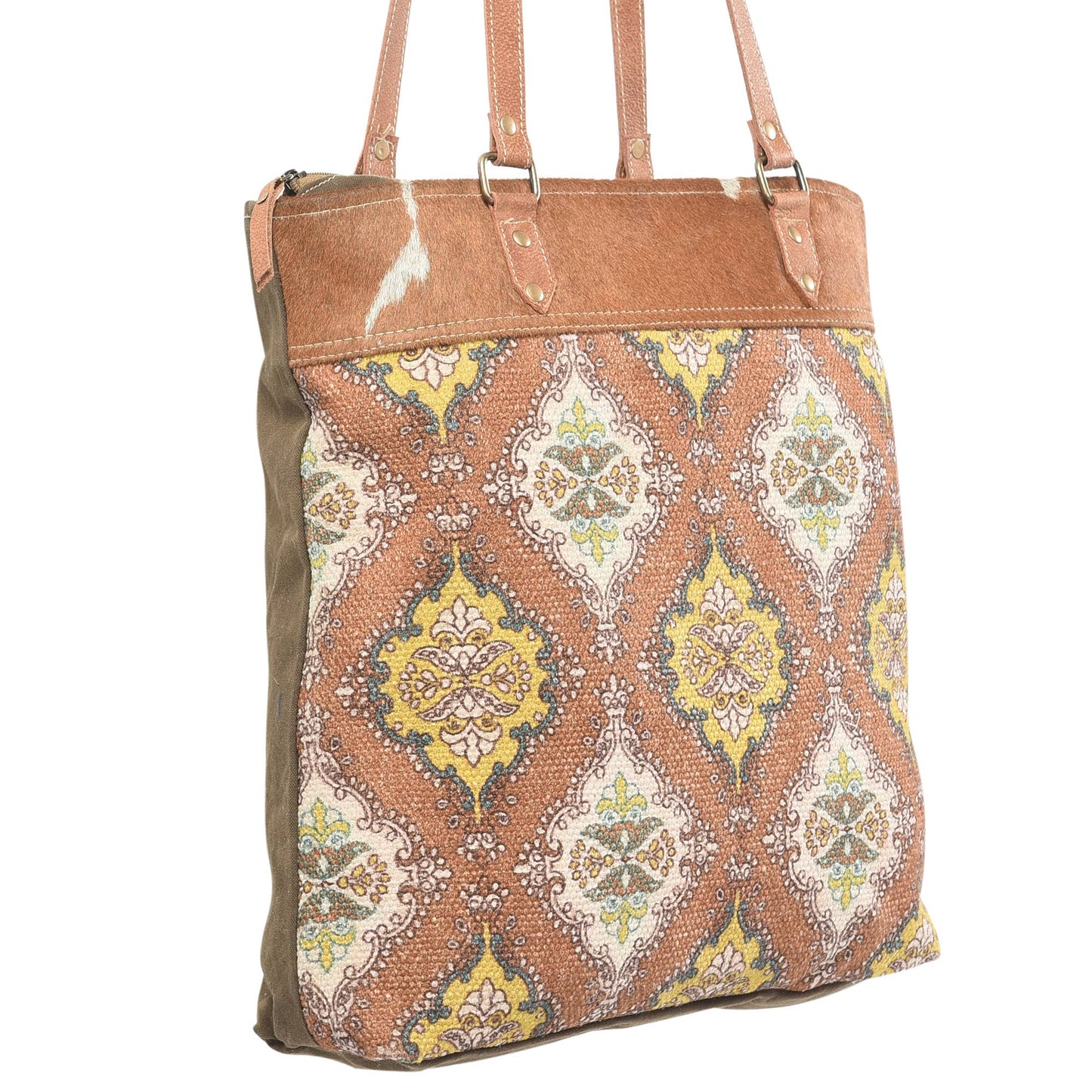 Clea Ray Canvas Bags & Clothing - Brown and Yellow Rug Tote with Fur
