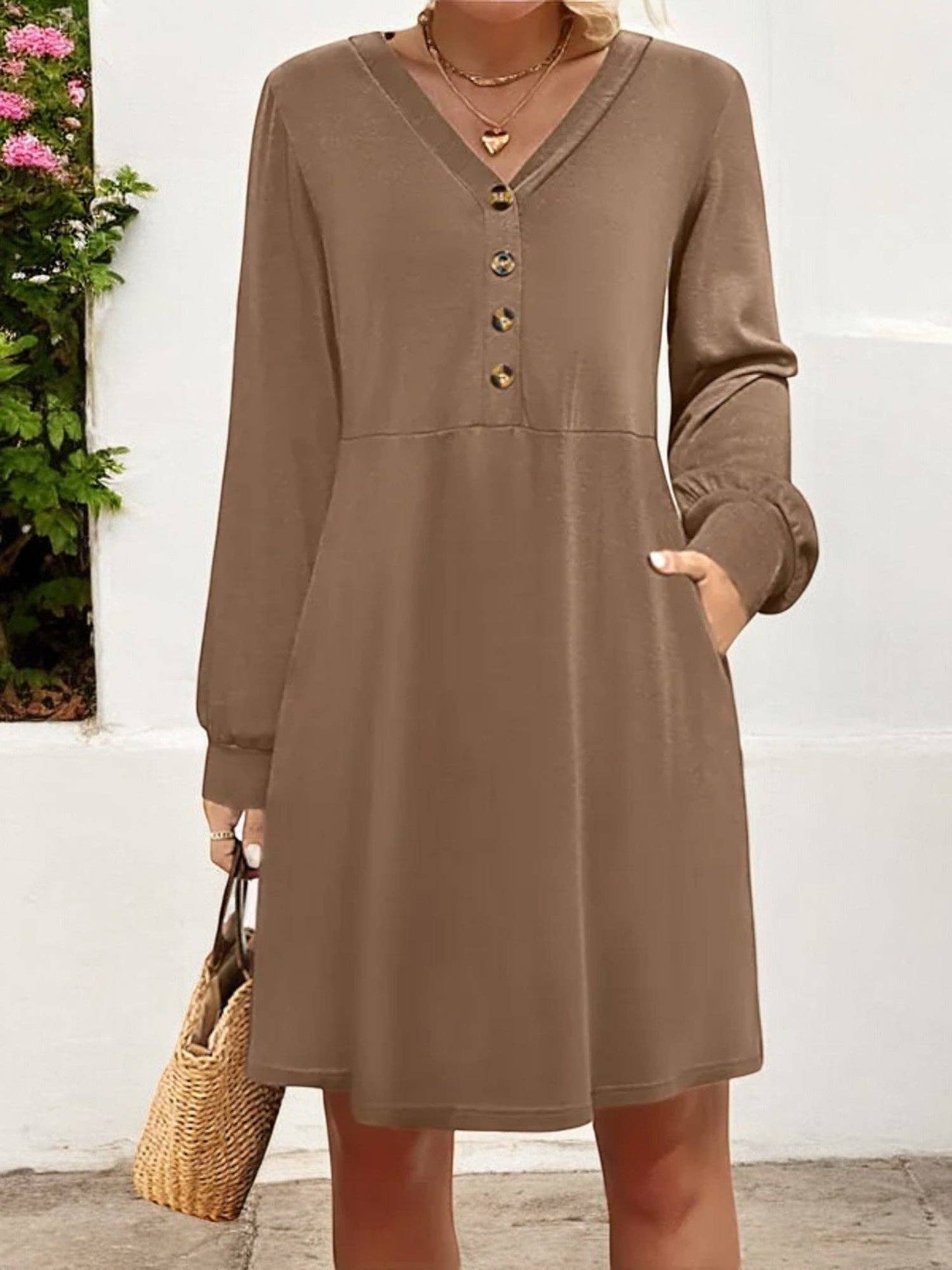 Anna Kaci Wholesale - V-Neck Long Sleeve Button Front Dress with Pockets